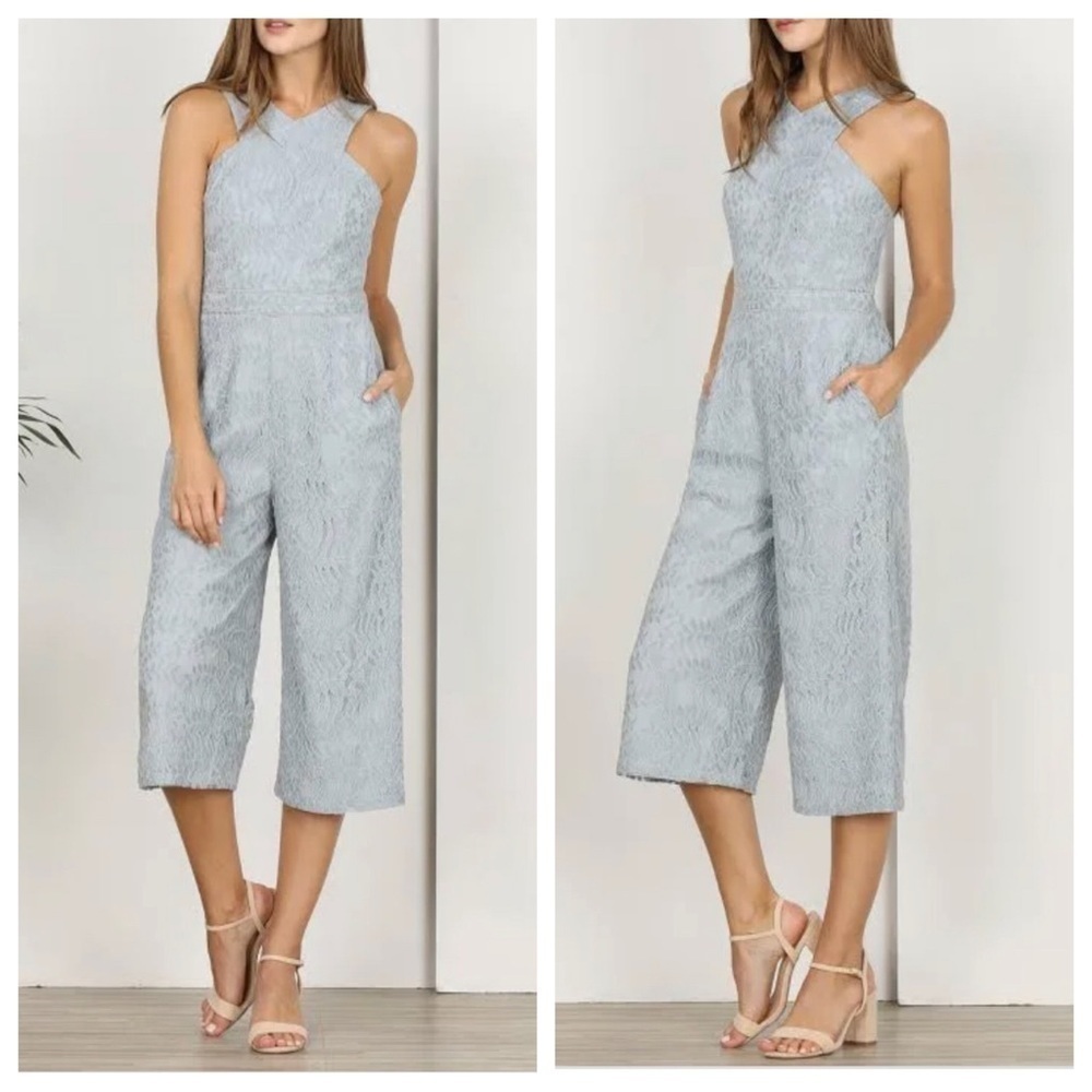 Adelyn Rae blue/gray Carissa lace cross neck cropped pants jumpsuit straps small